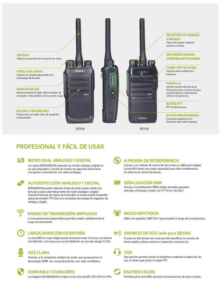 Hytera BD506 VHF 136-174 MHz 48 CH Analogico y DMR Tier II 5W Radio sin pantalla con cancelación de ruido, de gran ganancia en cobertura de distancia Precio + iva