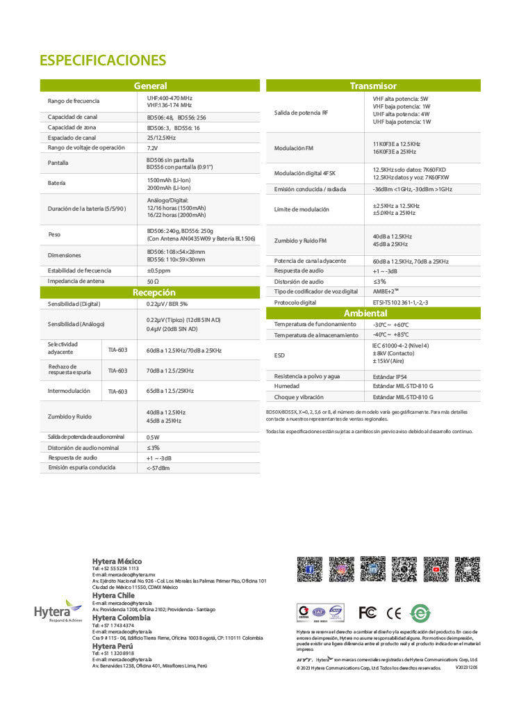 Hytera BD506 VHF 136-174 MHz 48 CH Analogico y DMR Tier II 5W Radio sin pantalla con cancelación de ruido, de gran ganancia en cobertura de distancia Precio + iva