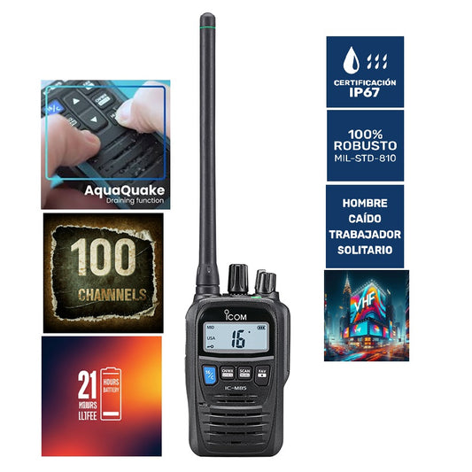 ICOM IC-M85 100CH 5W Radio portátil terrestre y marina combinada, IP67, MIL-STD-810G, MOB, MAN DOWN, LONE WORKER, AQUAQUAKE, 21 Hours (Importación 5 semanas) Precio + iva