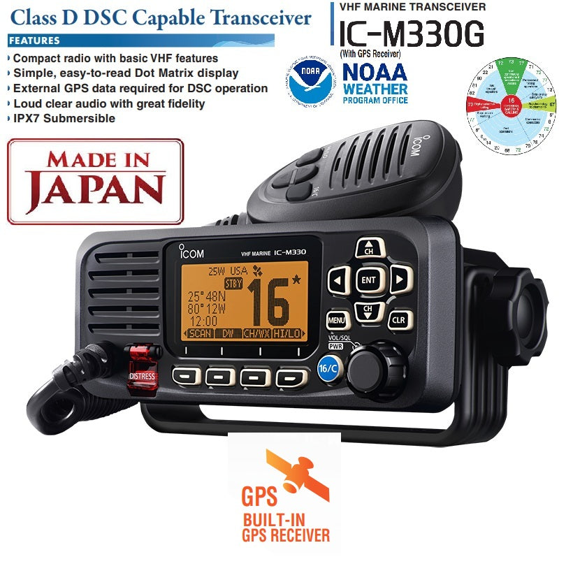 ICOM IC-M330G (Con receptor GPS) Radio Móvil Marina de montaje fijo VHF IPX7, GPS DSC de clase D, NOAA Alert (Importación a pedido 5 semanas) Precio +iva