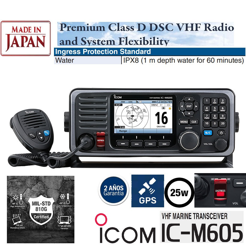 ICOM IC-M605 (sin AIS) 25W Radio Móvil de montaje fijo VHF IPX8, DSC de Clase D, NMEA0183, NMEA2000, NOAA Alert, Aquaquake (Importación a pedido 5 semanas) Precio + iva