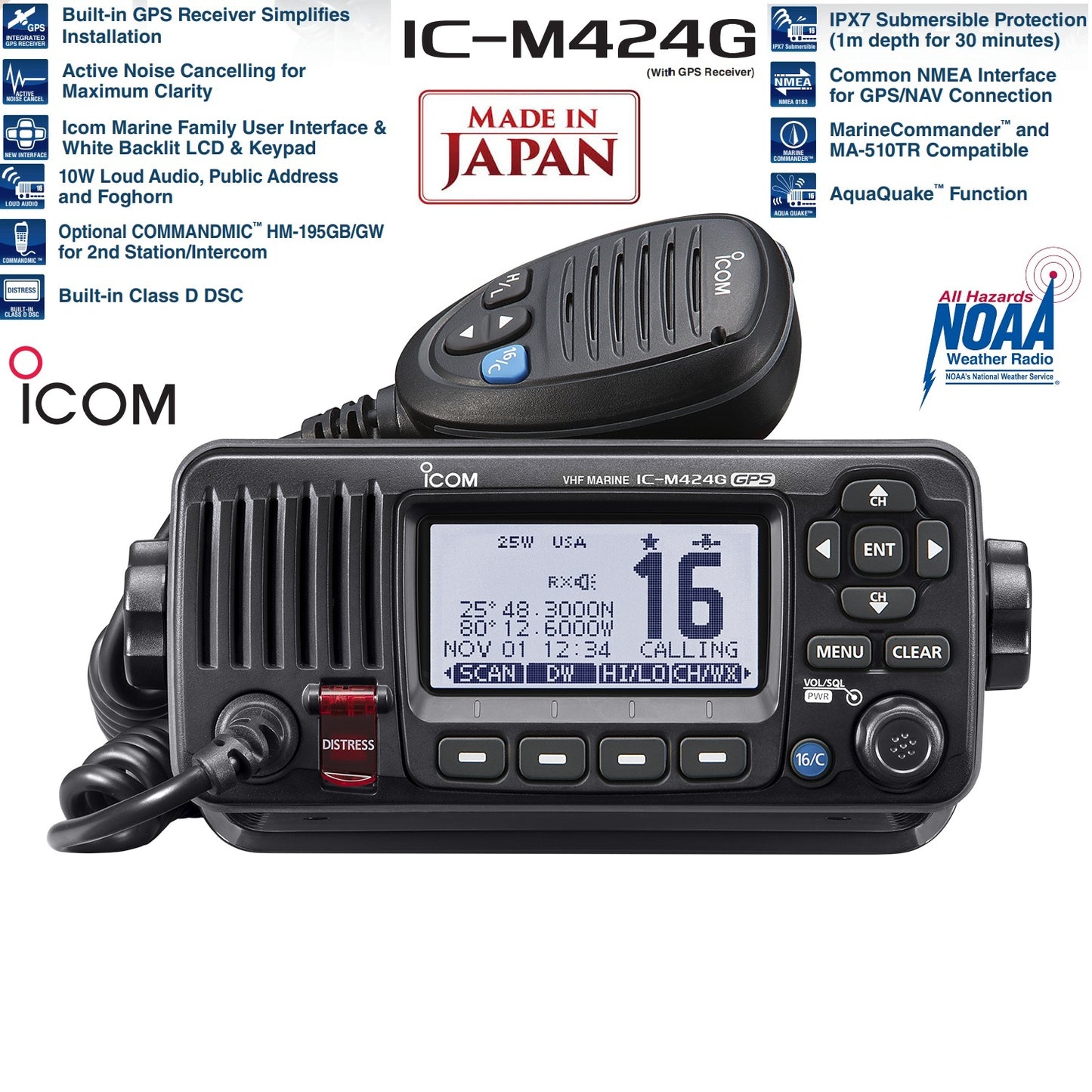 ICOM IC-M424G 25W Radio móvil marina de montaje fijo IPX7, Cancelación de ruido, GPS DSC de clase D, NMEA0183 (Importación 5 semanas) Precio + iva
