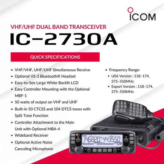 ICOM IC-2730A VHF/UHF 144–148, 430–450 MHz 1052CH 50/15/5W Radio móvil doble banda VHF/UHF Edición negra, Pantalla LCD (Importación a pedido) Precio + iva