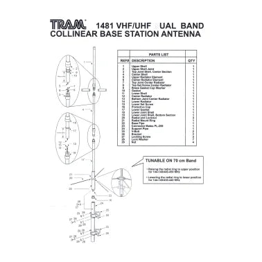Tram® 1481 Antena de 3 secciones, 200 vatios, conector UHF SO-239 de 50 ohmios,base colineal fibra de vidrio doble banda VHF 144-148/ UHF450-450 MHz Precio + iva