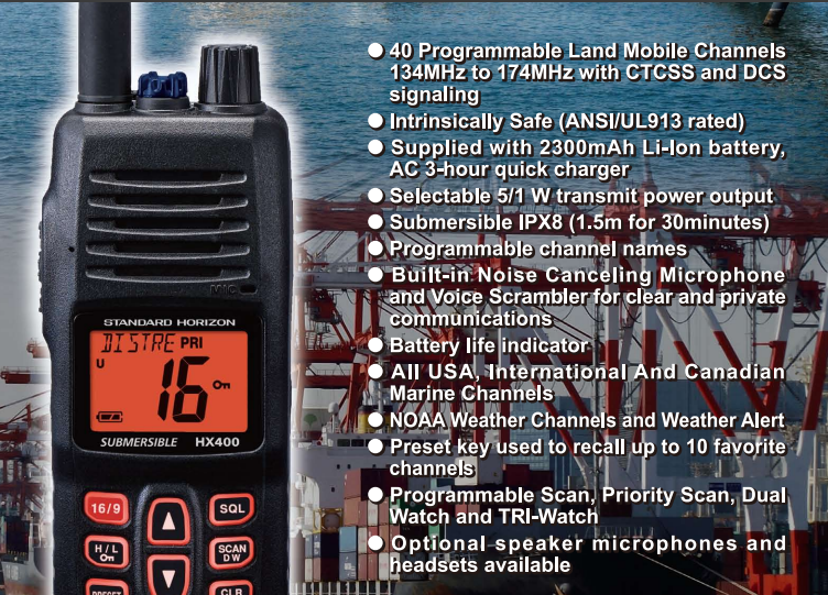 Standard Horizon HX-400IS VHF 134-174MHz 40CH LMR Analogico Intrinsecamente Seguro 5W Radio Portátil Marino Sumergible Comercial Intrínsecamente Seguro Precio + iva