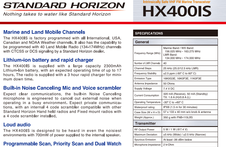 Standard Horizon HX-400IS VHF 134-174MHz 40CH LMR Analogico Intrinsecamente Seguro 5W Radio Portátil Marino Sumergible Comercial Intrínsecamente Seguro Precio + iva