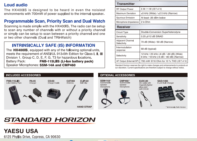 Standard Horizon HX-400IS VHF 134-174MHz 40CH LMR Analogico Intrinsecamente Seguro 5W Radio Portátil Marino Sumergible Comercial Intrínsecamente Seguro Precio + iva
