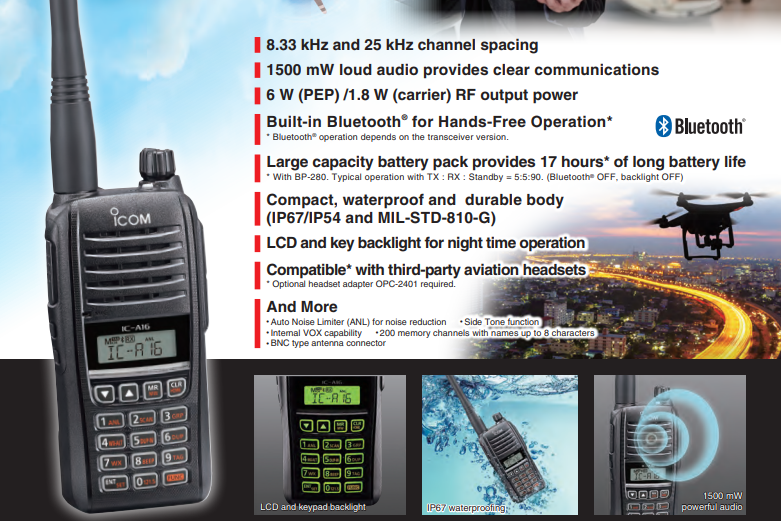 ICOM IC-A16 (Standard version, Sin Bluetooth) 200CH Memoria 6W Radio tierra-aire de 8,33/25 kHz Audio 1500 mW, IP67, MIL-STD-810-G, NOAA Alert Precio + iva