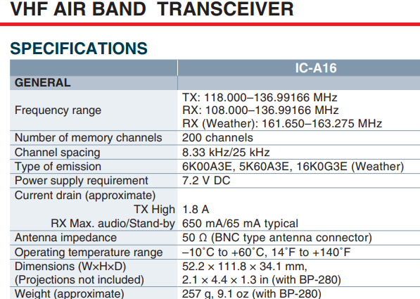 ICOM IC-A16 (Standard version, Sin Bluetooth) 200CH Memoria 6W Radio tierra-aire de 8,33/25 kHz Audio 1500 mW, IP67, MIL-STD-810-G, NOAA Alert Precio + iva