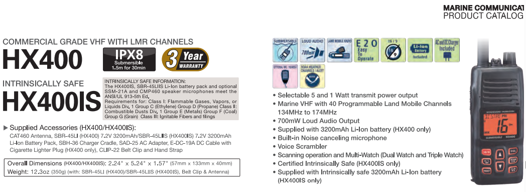 Standard Horizon HX-400 VHF 40CH LMR canales 5W/1W Portátil Marino Comercial ideal para trabajos marítimos y fluviales Precio +iva