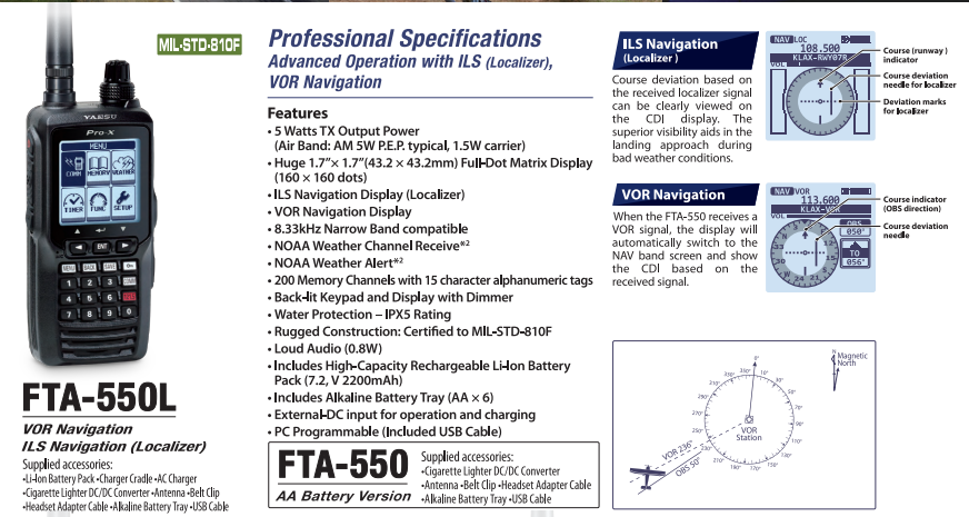 YAESU FTA-550L 200CH Radio de banda aérea IPX5 MIL-STD-810F NOAA, VOR, ILS, NAV Precio + iva