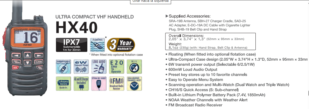 Standard Horizon HX-40 FM 76 -108 MHz 6W Radio portátil marino flotante IPX7, Audio claro, fácil de operar E20 ultra compacto, batería polímero de litio, NOAA alertas Precio + iva