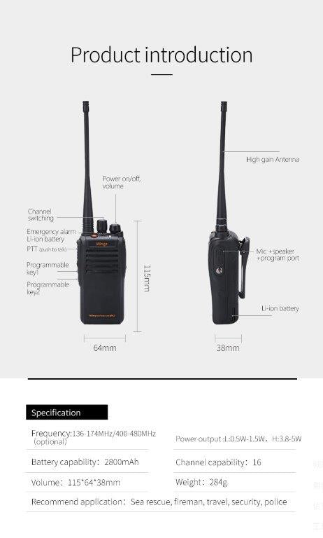 Wings WP67 UHF 400-480MHz 16CH Analogo 4W Radio robusto semi profesional ideal para trabajos en nieve, piscinas, lluvia, lacustre, bordes costeros