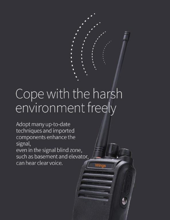 Wings WP67 UHF 400-480MHz 16CH Analogo 4W Radio robusto semi profesional ideal para trabajos en nieve, piscinas, lluvia, lacustre, bordes costeros