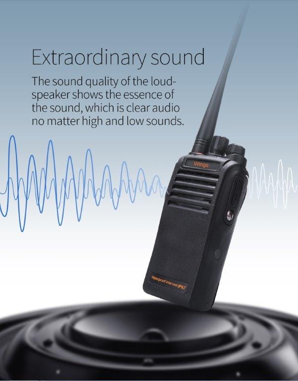 Wings WP67 UHF 400-480MHz 16CH Analogo 4W Radio robusto semi profesional ideal para trabajos en nieve, piscinas, lluvia, lacustre, bordes costeros