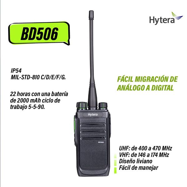 Hytera BD506 VHF 136-174 MHz 48 CH Analogico y DMR Tier II 5W Radio sin pantalla con cancelación de ruido, de gran ganancia en cobertura de distancia Precio + iva