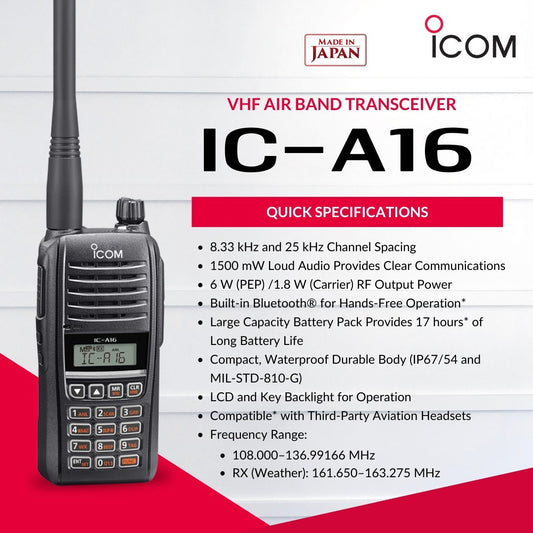 ICOM IC-A16 (Standard version, Sin Bluetooth) 200CH Memoria 6W Radio tierra-aire de 8,33/25 kHz Audio 1500 mW, IP67, MIL-STD-810-G, NOAA Alert Precio + iva