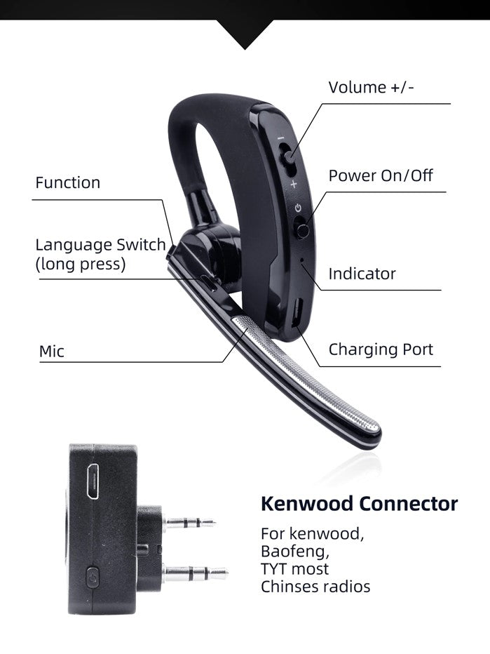 E0 Auricular Genérico Bluetooth con PTT para PoC PTT sobre celular Smartphones con cancelación de ruido