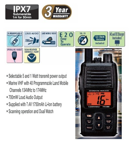 Standard Horizon HX-380 VHF 40CH LMR 5W Portátil Marino Sumergible IPX7, Audio Claro, Fácil de operar, Canales NOAA Precio + iva