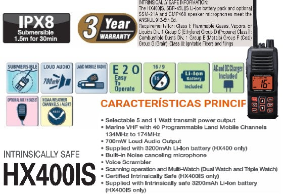 Standard Horizon HX-400IS VHF 134-174MHz 40CH LMR Analogico Intrinsecamente Seguro 5W Radio Portátil Marino Sumergible Comercial Intrínsecamente Seguro Precio + iva