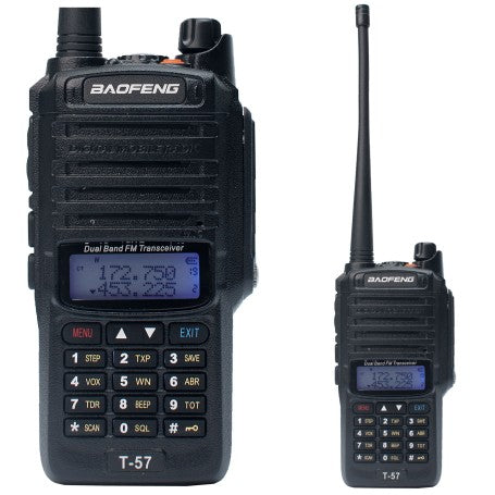 Baofeng T-57 UHF 400-520/VHF 136-174 Mhz 128CH Analogico 5W Radio dual band, IP67 Ideal para cámaras de frío, zona lacustre o trabajos de costa Precio + iva