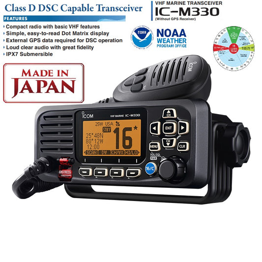 ICOM IC-M330 (Sin receptor GPS) 25W Radio Móvil Marina de montaje fijo VHF ultra compacto de máximo rendimiento, teclas programables, IPX7, DSC de clase D, AQUAQUAKE, NOAA Precio +iva