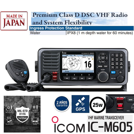 ICOM IC-M605 (sin AIS) 25W Radio Móvil de montaje fijo VHF IPX8, DSC de Clase D, NMEA0183, NMEA2000, NOAA Alert, Aquaquake (Importación a pedido 5 semanas) Precio + iva