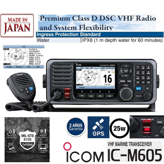 ICOM IC-M605AIS 25W Radio Móvil de montaje fijo VHF IPX8, DSC de Clase D, NMEA0183, NMEA2000, NOAA Alert, Aquaquake (Importación a pedido 5 semanas) Precio + iva