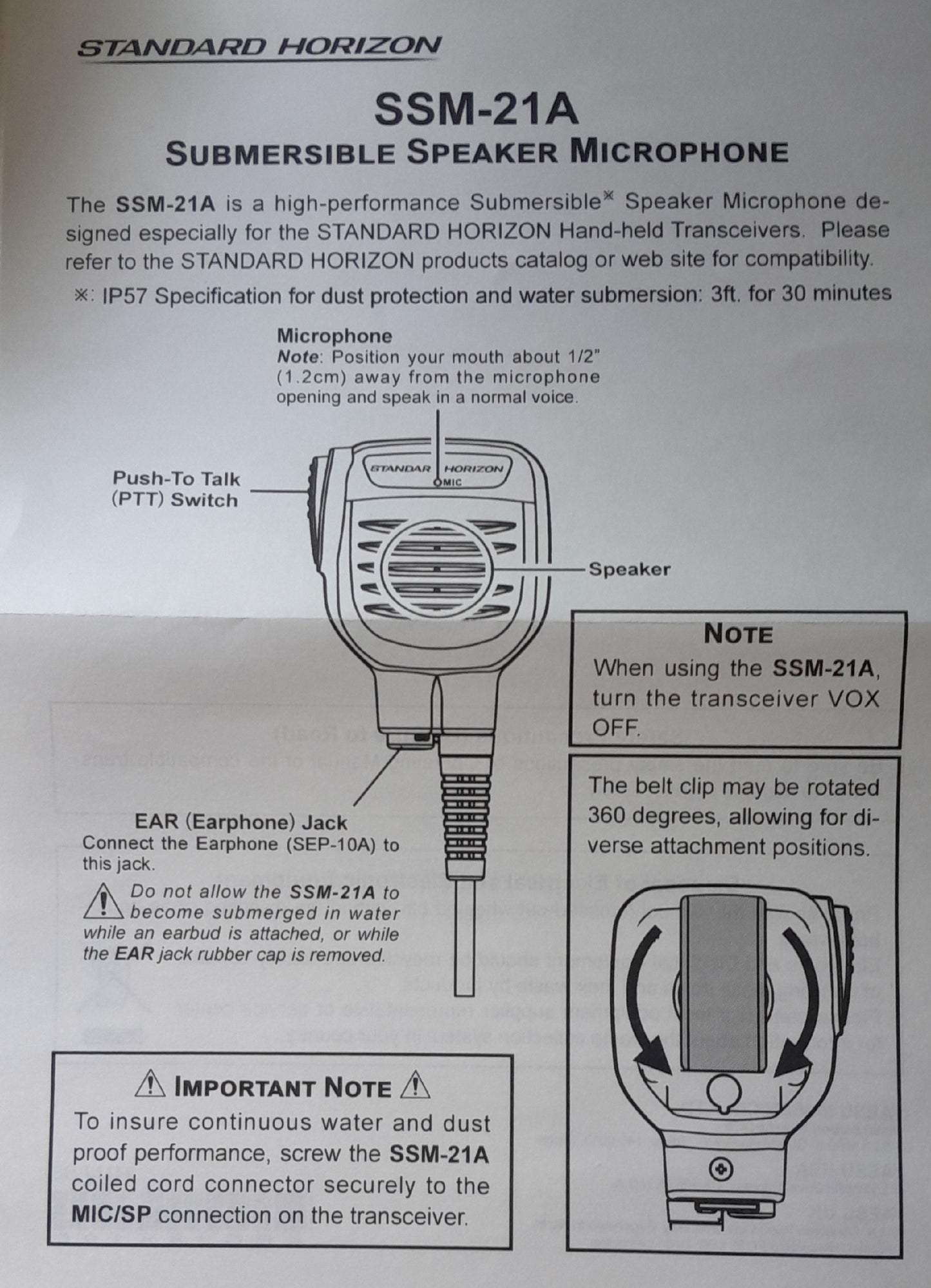 Standard Horizon SSM-21A Micrófono parlante remoto sumergible IPX7 intrínsecamente seguro para radios marinas Standard Horizon HX-890 HX-40 HX-210 HX-320 HX-380 HX-400/400IS Precio + iva