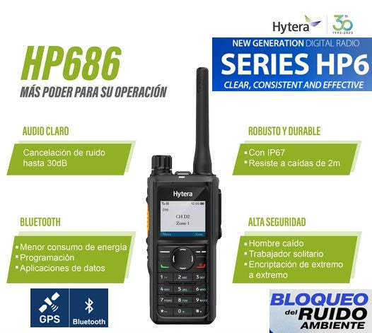 Hytera HP686 VHF 136-174 Mhz 1024CH Digital y Analogico 5W Radio Digital Analogico con Man- down, GPS, Bluetooth con pantalla LCD  Precio +iva