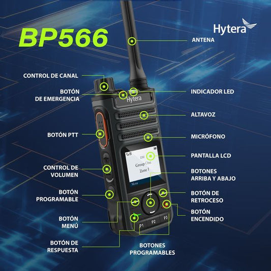 Hytera BP566 Bluetooth VHF 136-174 MHz 256CH DMR Análogo 5W Radio Digital DMR y Analogico con pantalla, robusto cancelacion de ruido y excelente cobertura Precio + iva