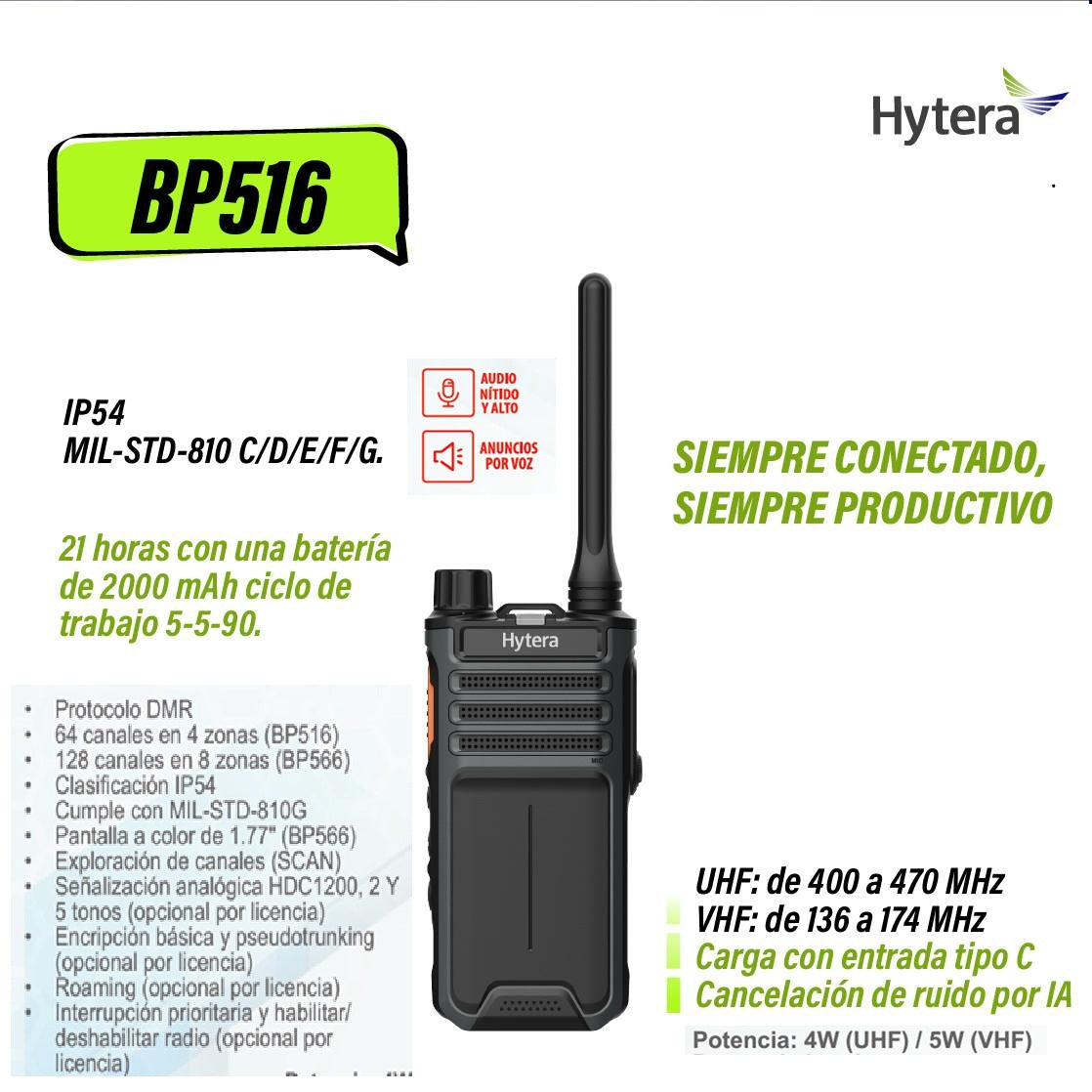 Hytera BP516 VHF 136-174 MHz, 64CH DMR Tier II y análogo Radio portatil digital sin pantalla, con cancelación de ruido, gran audio de excelente cobertura Precio + iva