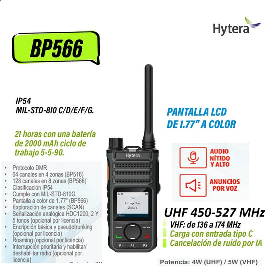 Hytera BP566 Bluetooth UHF2 450-527 MHz 256CH DMR Análogo 4W Radio Digital DMR y Analogico con pantalla, robusto cancelacion de ruido y excelente cobertura Precio + iva