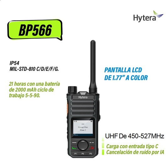 Hytera BP566 UHF2 450-520 MHz 256CH DMR Tier II 4W Radio portátil digital y analogo con pantalla amplia cobertura Precio + iva