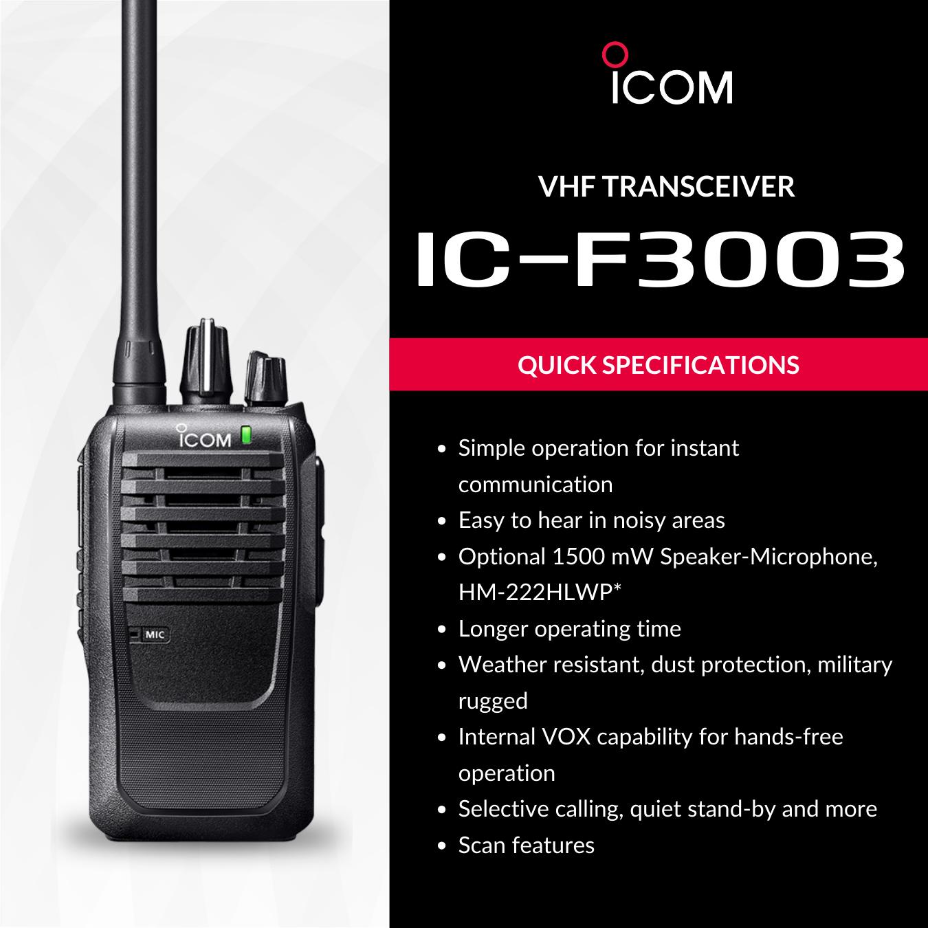 10 unidades ICOM IC-F3003 VHF 136MHz–174 MHz 16CH Analogico 5W Radio Analogica IP54 y MIL-STD-810, Lone Worker Made in Japan Precio + iva