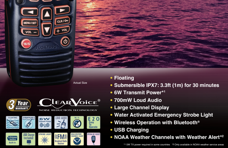 Standard Horizon HX-320 Radio portátil Marina de 6 W con Flotante, Bluetooth, Luz estroboscópica de emergencia activada por agua, Audio Claro, Fácil de Operar, Alerta NOAA Precio + iva