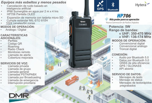 Hytera HP706 UHF3-1 350-470 MHz 1024CH Digital DMR Tier II y Analogico 4W Radio Digital y Analogico con Man down, GPS, Bluetooth, con pantalla OLED Precio + iva