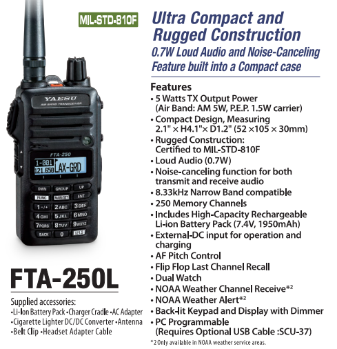 Yaesu FTA-250L 250CH 5W Radio de banda aérea Easy to Operate de Yaesu IPX5 MIL-STD-810F con cancelación de ruido Precio +iva