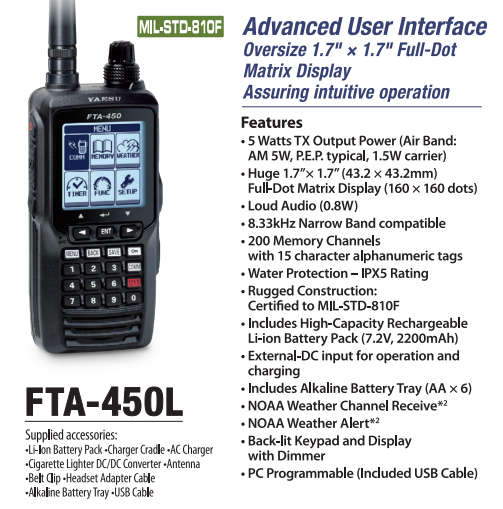 YAESU FTA-450L 200CH Radio para aviación con iconos intuitivos de fácil uso MIL-STD-810F IPX5 USB Precio + iva