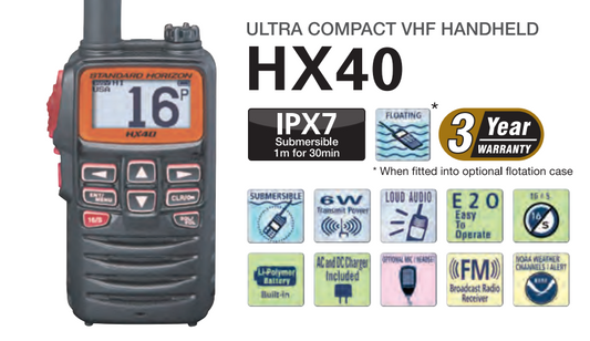 Standard Horizon HX-40 FM 76 -108 MHz 6W Radio portátil marino flotante IPX7, Audio claro, fácil de operar E20 ultra compacto, batería polímero de litio, NOAA alertas Precio + iva