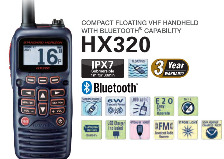 Standard Horizon HX-320 Radio portátil Marina de 6 W con Flotante, Bluetooth, Luz estroboscópica de emergencia activada por agua, Audio Claro, Fácil de Operar, Alerta NOAA Precio + iva
