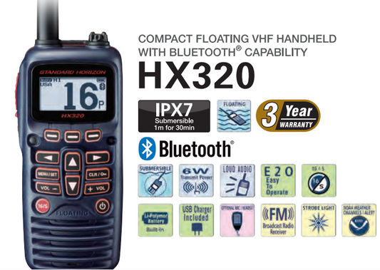 Standard Horizon HX-320 Radio portátil Marina de 6 W con Flotante, Bluetooth, Luz estroboscópica de emergencia activada por agua, Audio Claro, Fácil de Operar, Alerta NOAA Precio + iva