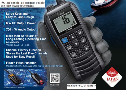 ICOM IC-M37 6W/1W Radio portátil marino flotante Flash´n float, AQUAQUAKE, IP57, NOAA Alert 12 hours (Importación 4-6 semanas) Precio + iva