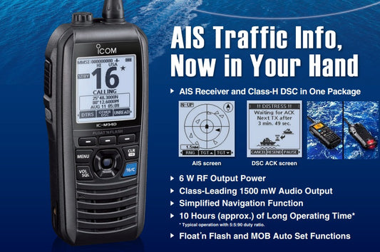 ICOM IC-M94D 6W Radio portátil marino VHF DSC, AIS, Float´n Flash, AQUAQUAKE, 10 Hours, MOB, IPX7, NOAA Alert (Importación a pedido 5 semanas) Precio +iva