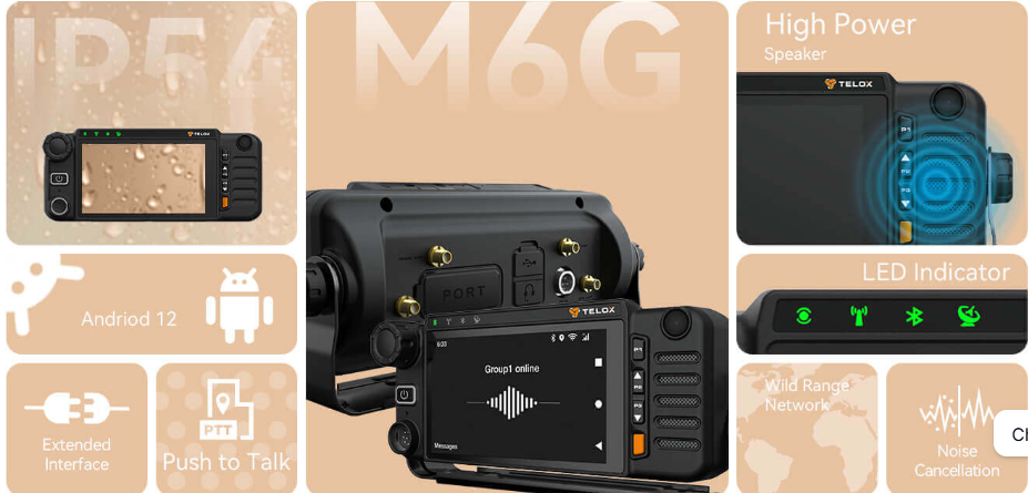 Telox M6G Radio Móvil Base PoC PTT Sobre Celular 64GB 4G Wifi GPS 5W 442gr Android Q BT4.0 Precio + iva