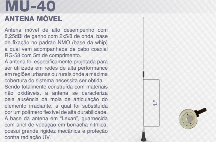 ARS MU-40 Antena móvil UHF 430-512 MHz, 6dB. Incluye Montaje perforado de 3/4 con 5 mts de cable coaxial RG-58/U y conector PL-259 Precio + iva