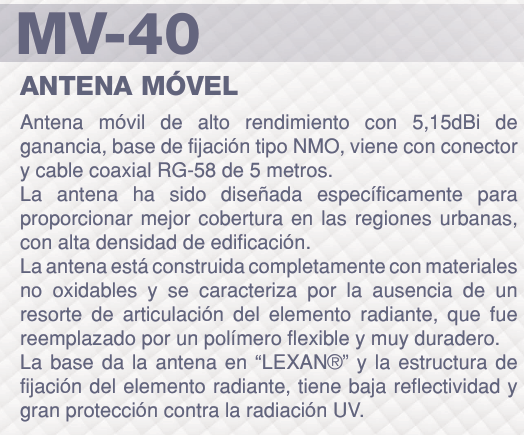 ARS MV-40 Antena movil VHF 138-174 MHz, 3dB. Incluye Montaje perforado de 3/4 con 5 mts de cable coaxial RG-58/U y conector PL-259 Precio + iva