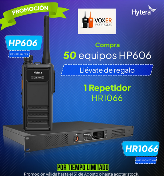 Promoción Augustus II de Hytera Lleva 50 Hytera HP606 UHF1-2 400-520Mhz 1024CH DMR Tier II/ Analogico 4W + Hytera HR1066 UHF1 400- 470Mhz 64CH Repetidor DMR Tier II/Análogo 50W Precio + iva