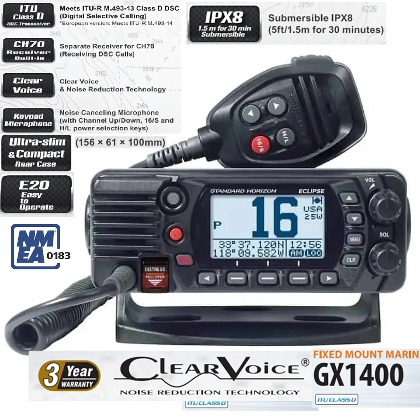 Standard Horizon GX-1400 ultracompacto, norma ITU-R M493-13 Clase D DSC (llamada selectiva digital), E2O fácil de utilizar, IPX8, NOAA con alerta meteorológica Precio +iva