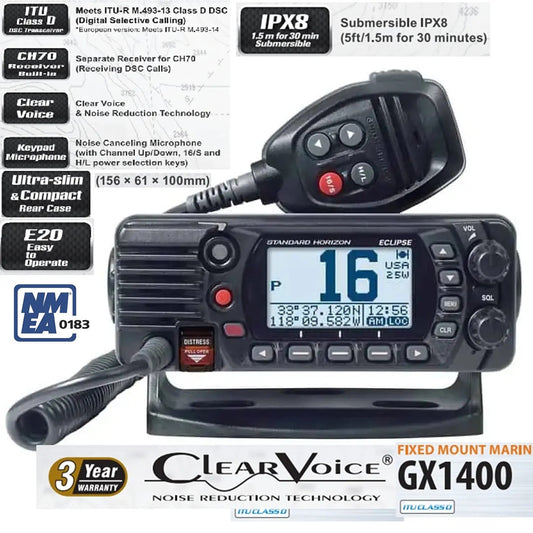 Standard Horizon GX-1400 ultracompacto, norma ITU-R M493-13 Clase D DSC (llamada selectiva digital), E2O fácil de utilizar, IPX8, NOAA con alerta meteorológica Precio +iva